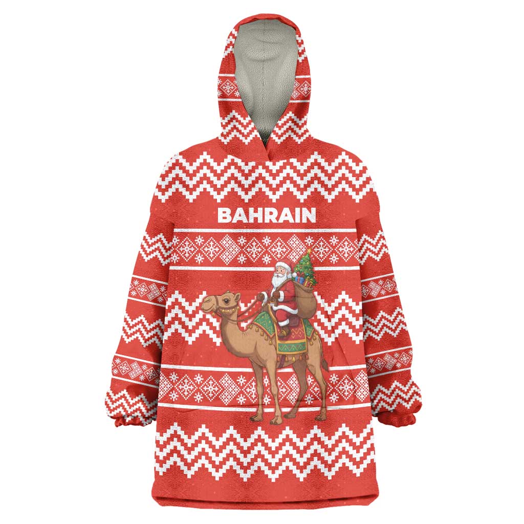 Bahrain Christmas Wearable Blanket Hoodie with Santa Riding Camel Red Geometric Pattern and Festive Design - Wonder Print Shop