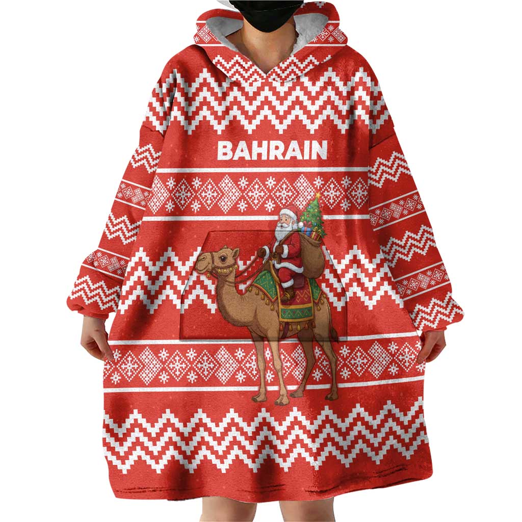 Bahrain Christmas Wearable Blanket Hoodie with Santa Riding Camel Red Geometric Pattern and Festive Design - Wonder Print Shop