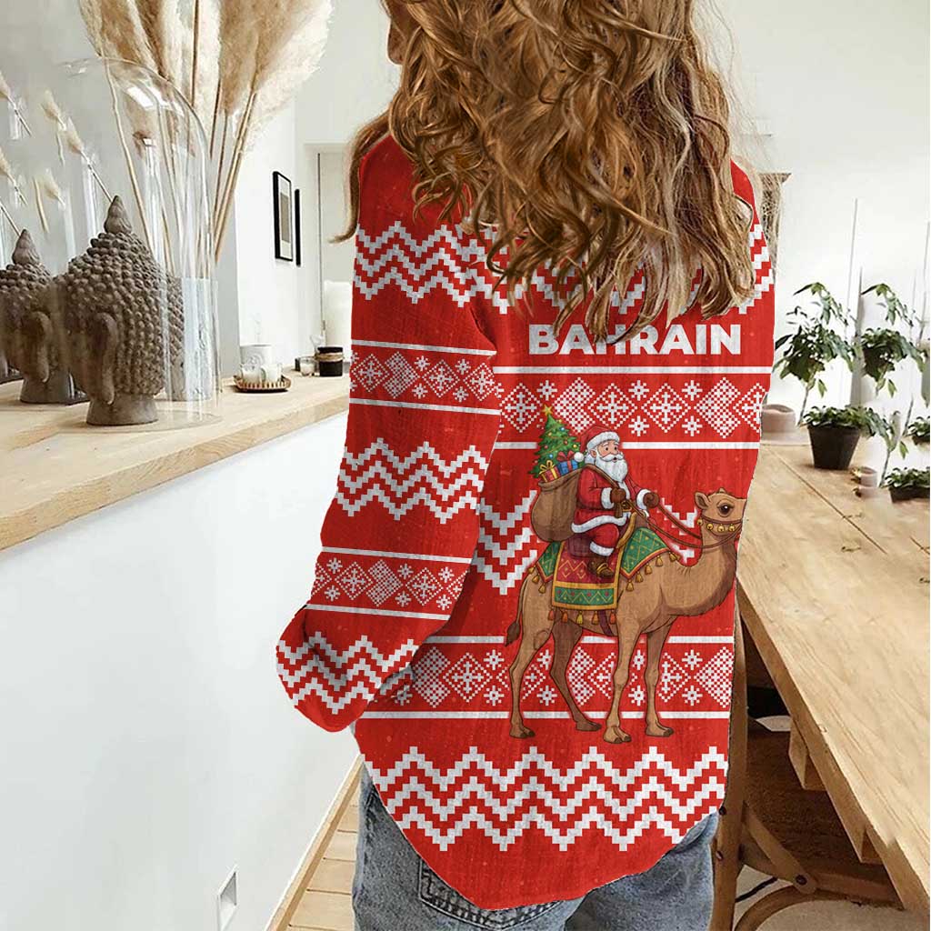 Bahrain Christmas Women Casual Shirt with Santa Riding Camel Red Geometric Pattern and Festive Design - Wonder Print Shop