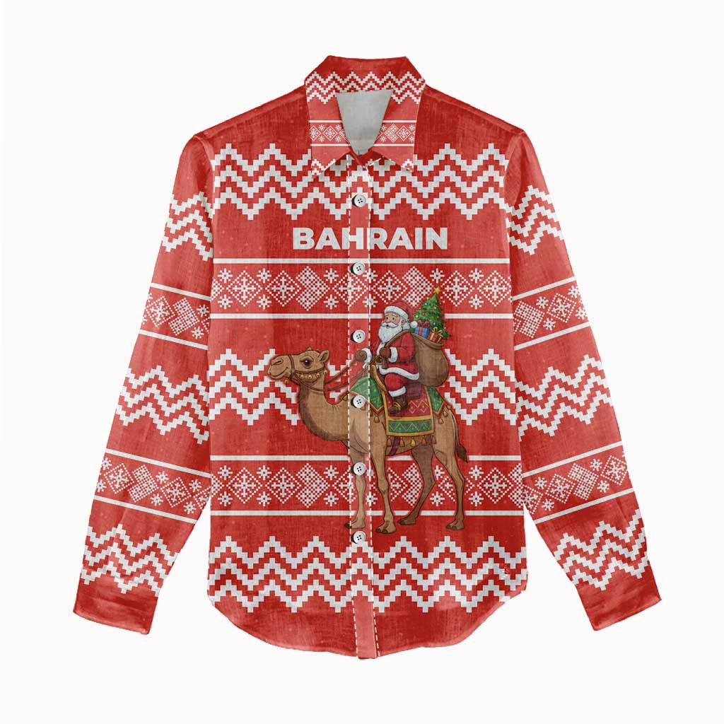 Bahrain Christmas Women Casual Shirt with Santa Riding Camel Red Geometric Pattern and Festive Design - Wonder Print Shop