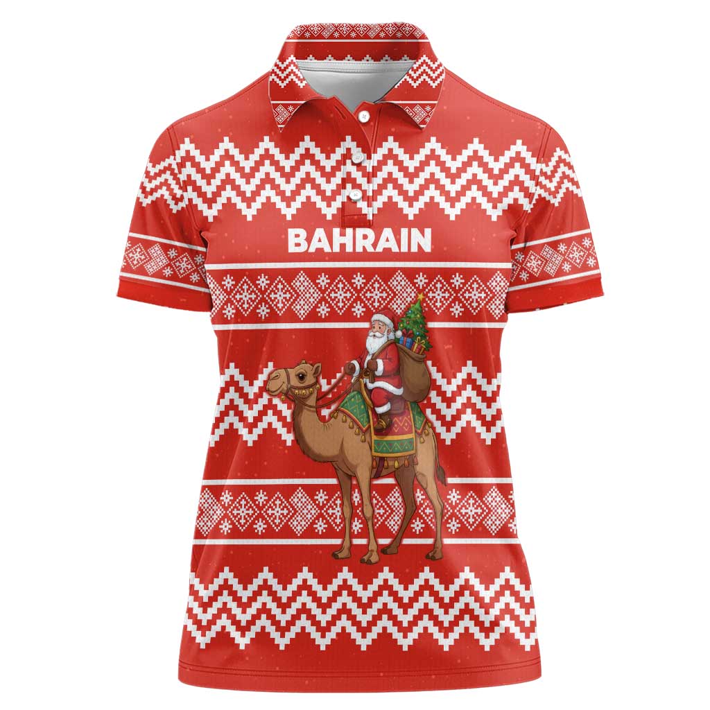 Bahrain Christmas Women Polo Shirt with Santa Riding Camel Red Geometric Pattern and Festive Design - Wonder Print Shop