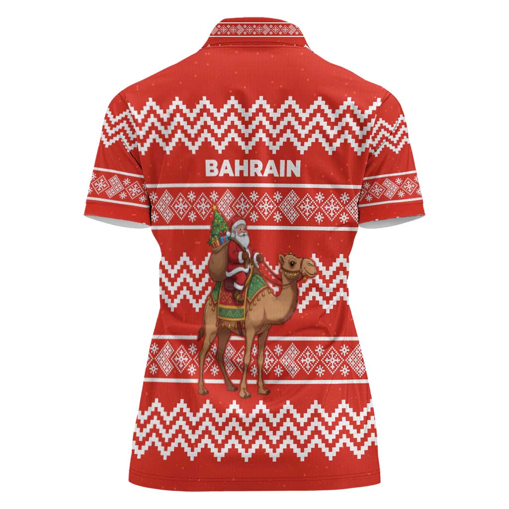 Bahrain Christmas Women Polo Shirt with Santa Riding Camel Red Geometric Pattern and Festive Design - Wonder Print Shop