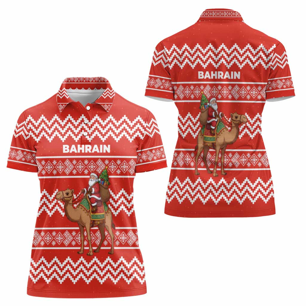 Bahrain Christmas Women Polo Shirt with Santa Riding Camel Red Geometric Pattern and Festive Design - Wonder Print Shop