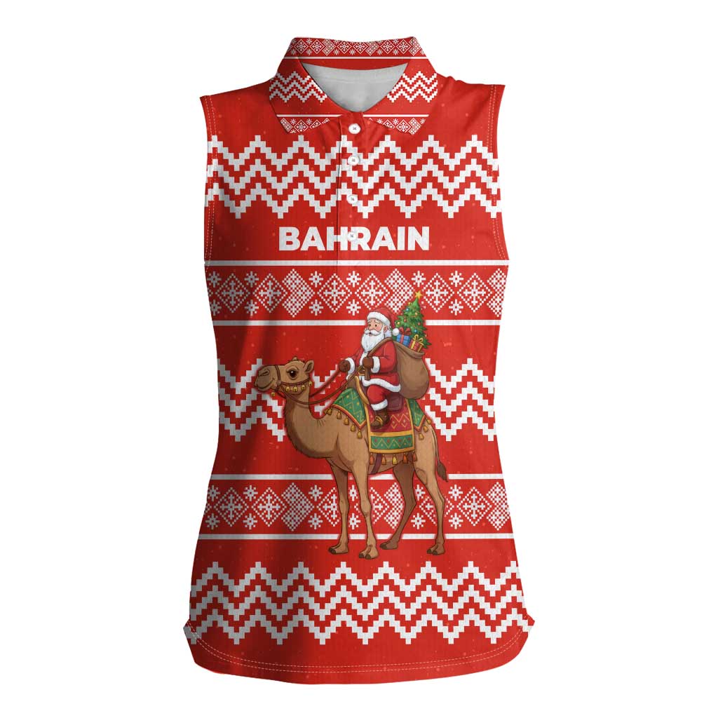 Bahrain Christmas Women Sleeveless Polo Shirt with Santa Riding Camel Red Geometric Pattern and Festive Design - Wonder Print Shop