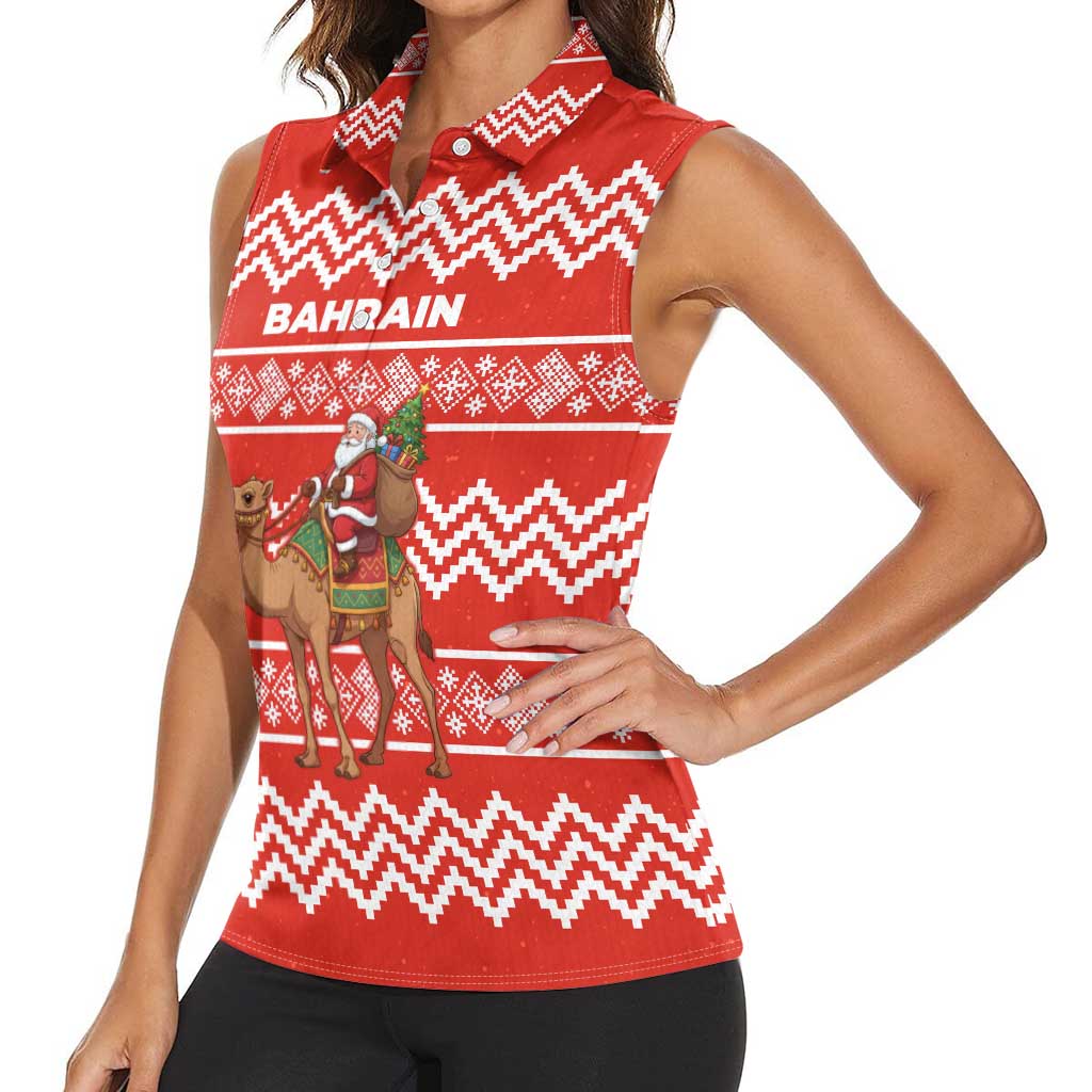 Bahrain Christmas Women Sleeveless Polo Shirt with Santa Riding Camel Red Geometric Pattern and Festive Design - Wonder Print Shop