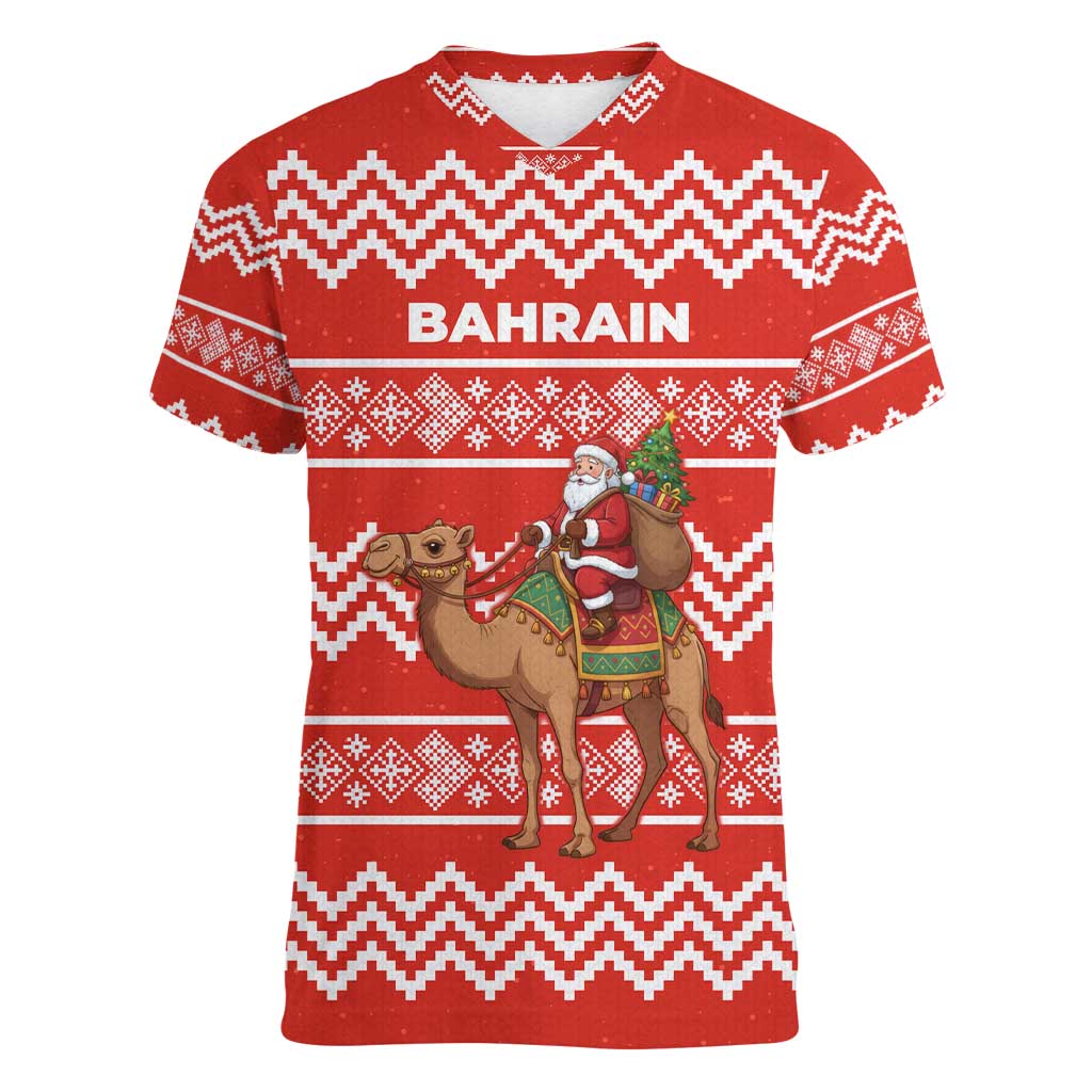 Bahrain Christmas Women V-Neck T-Shirt with Santa Riding Camel Red Geometric Pattern and Festive Design - Wonder Print Shop