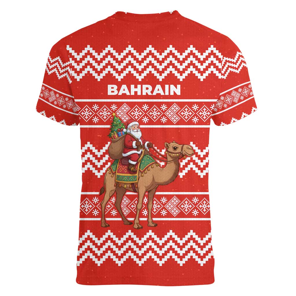 Bahrain Christmas Women V-Neck T-Shirt with Santa Riding Camel Red Geometric Pattern and Festive Design - Wonder Print Shop