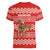 Bahrain Christmas Women V-Neck T-Shirt with Santa Riding Camel Red Geometric Pattern and Festive Design - Wonder Print Shop