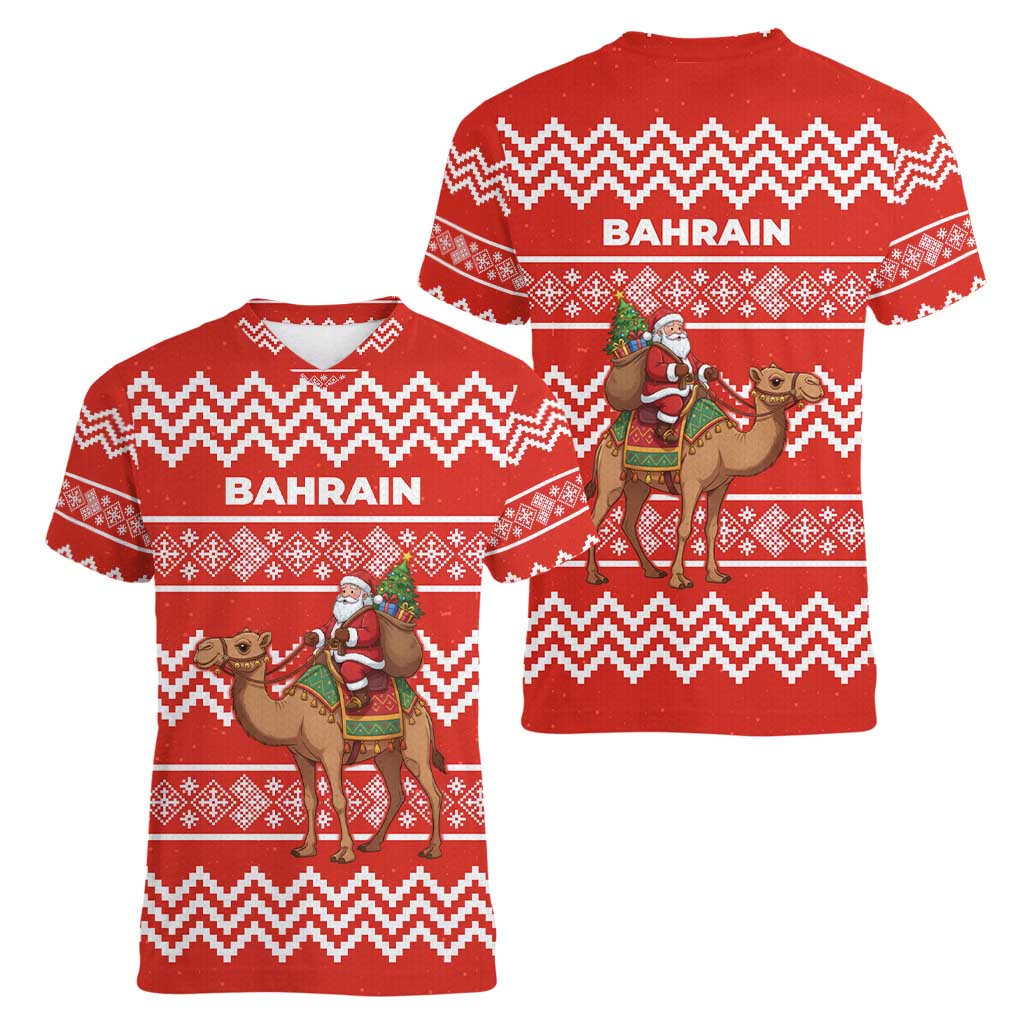 Bahrain Christmas Women V-Neck T-Shirt with Santa Riding Camel Red Geometric Pattern and Festive Design - Wonder Print Shop