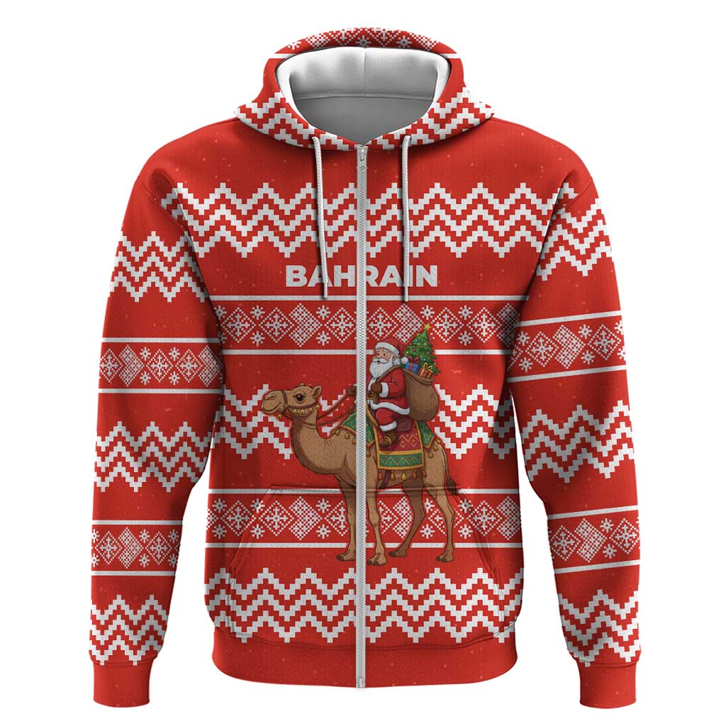 Bahrain Christmas Zip Hoodie with Santa Riding Camel Red Geometric Pattern and Festive Design - Wonder Print Shop