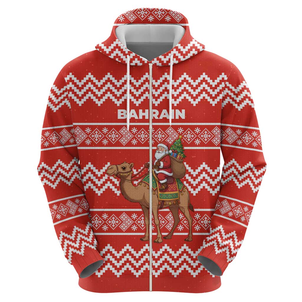 Bahrain Christmas Zip Hoodie with Santa Riding Camel Red Geometric Pattern and Festive Design - Wonder Print Shop