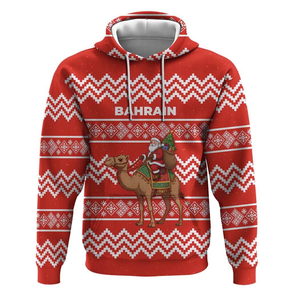 Bahrain Christmas Zip Hoodie with Santa Riding Camel Red Geometric Pattern and Festive Design - Wonder Print Shop
