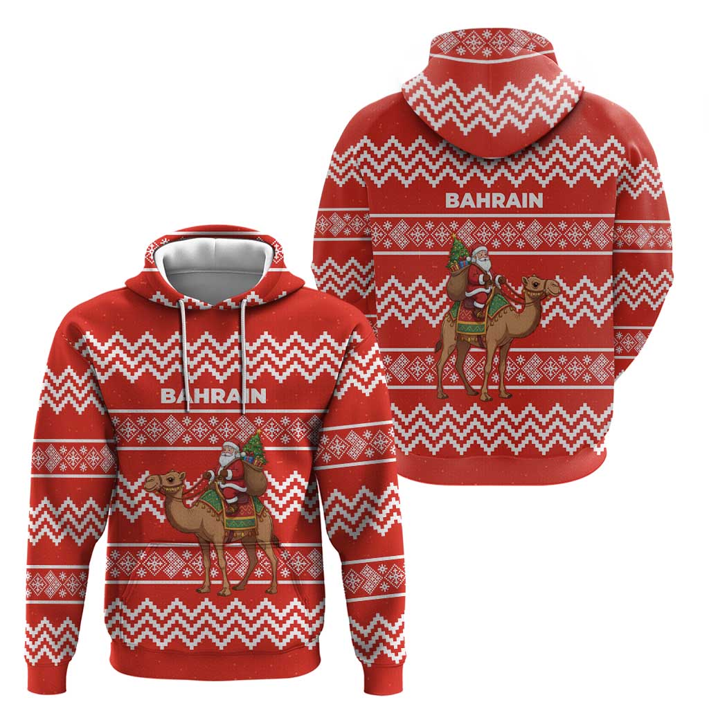 Bahrain Christmas Zip Hoodie with Santa Riding Camel Red Geometric Pattern and Festive Design - Wonder Print Shop