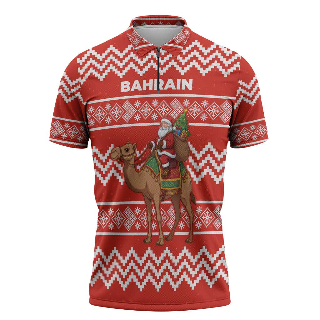 Bahrain Christmas Zipper Polo Shirt with Santa Riding Camel Red Geometric Pattern and Festive Design - Wonder Print Shop