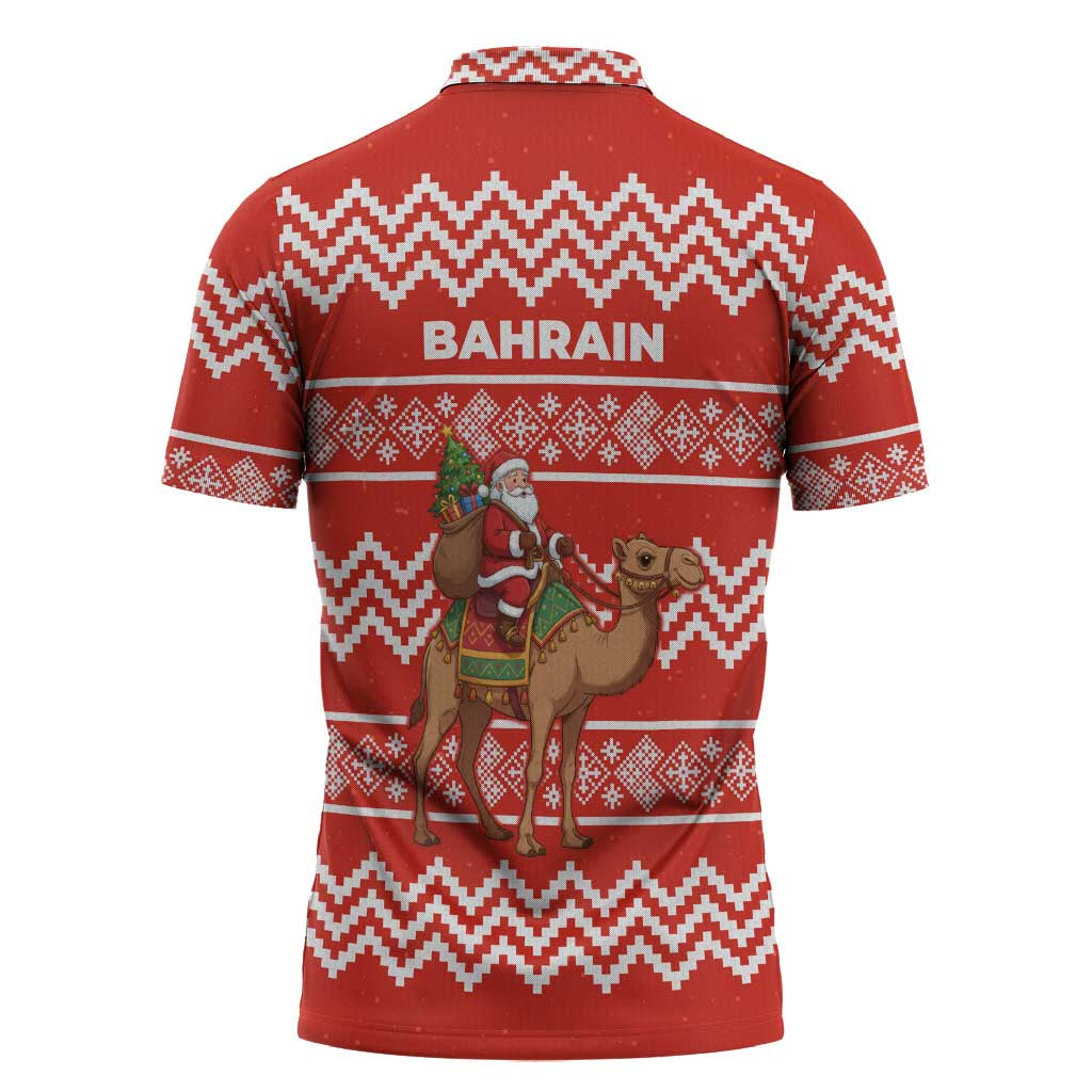 Bahrain Christmas Zipper Polo Shirt with Santa Riding Camel Red Geometric Pattern and Festive Design - Wonder Print Shop