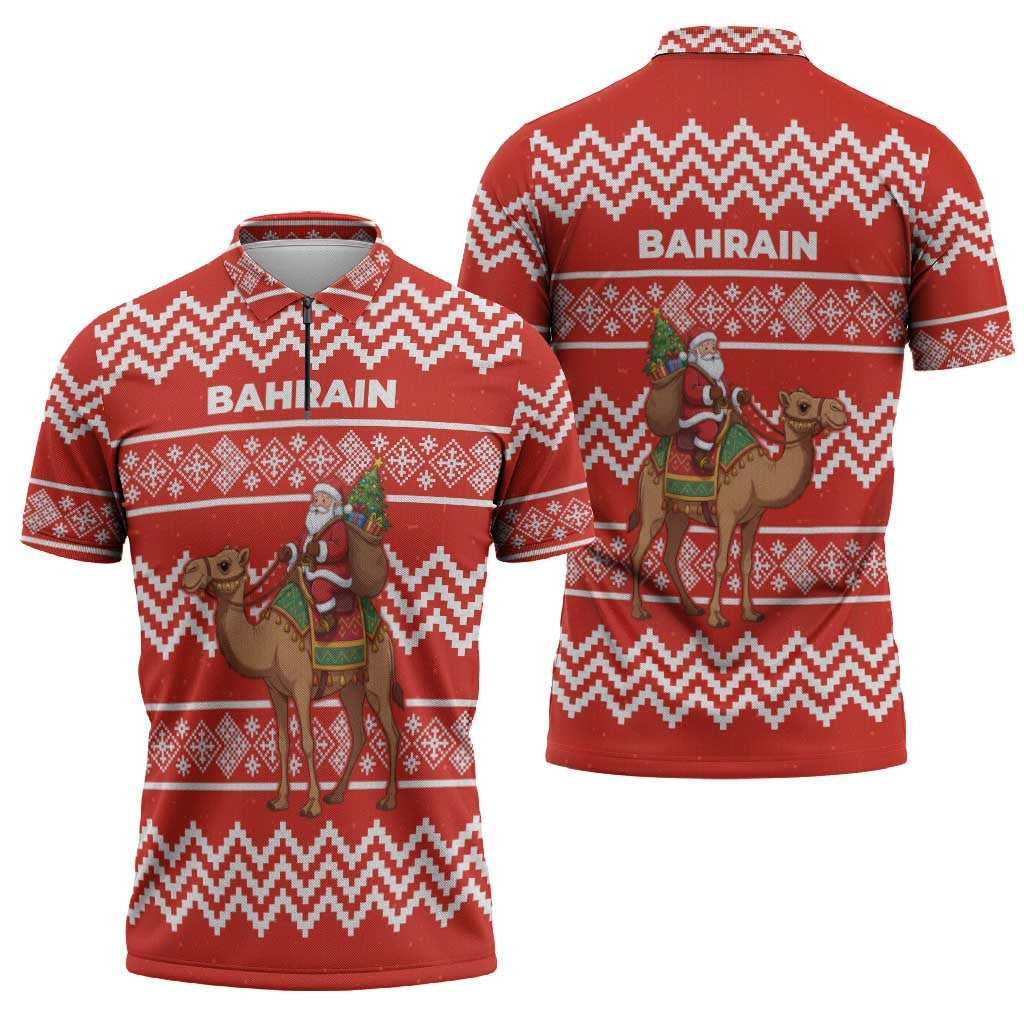 Bahrain Christmas Zipper Polo Shirt with Santa Riding Camel Red Geometric Pattern and Festive Design - Wonder Print Shop