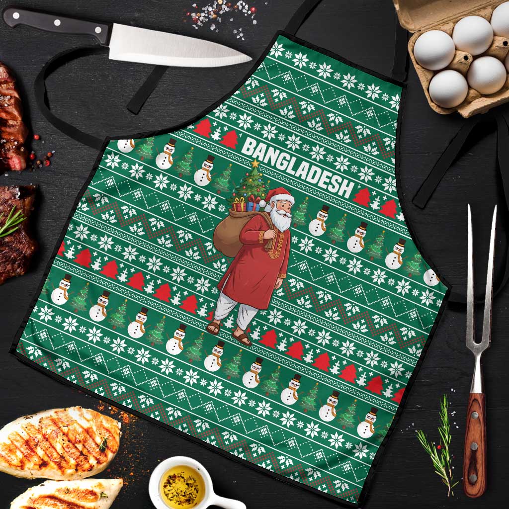 Bangladesh Christmas Apron with Santa Claus in Traditional Outfit Snowman and Tree Pattern - Wonder Print Shop