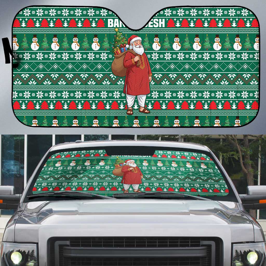 Bangladesh Christmas Auto Sun Shade with Santa Claus in Traditional Outfit Snowman and Tree Pattern - Wonder Print Shop