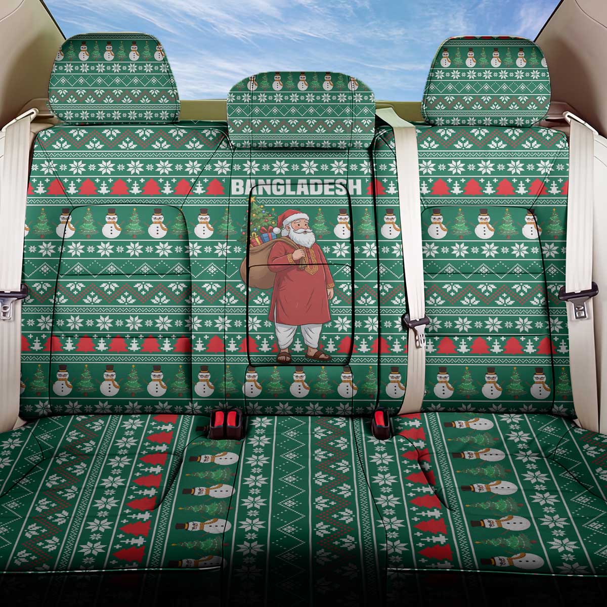 Bangladesh Christmas Back Car Seat Cover with Santa Claus in Traditional Outfit Snowman and Tree Pattern - Wonder Print Shop