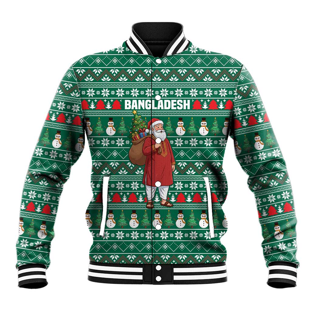 Bangladesh Christmas Baseball Jacket with Santa Claus in Traditional Outfit Snowman and Tree Pattern - Wonder Print Shop