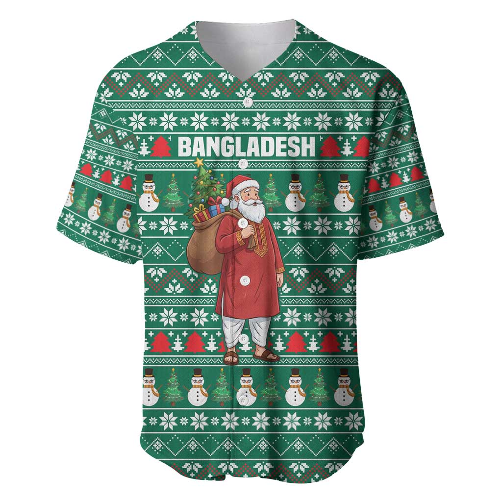 Bangladesh Christmas Baseball Jersey with Santa Claus in Traditional Outfit Snowman and Tree Pattern - Wonder Print Shop