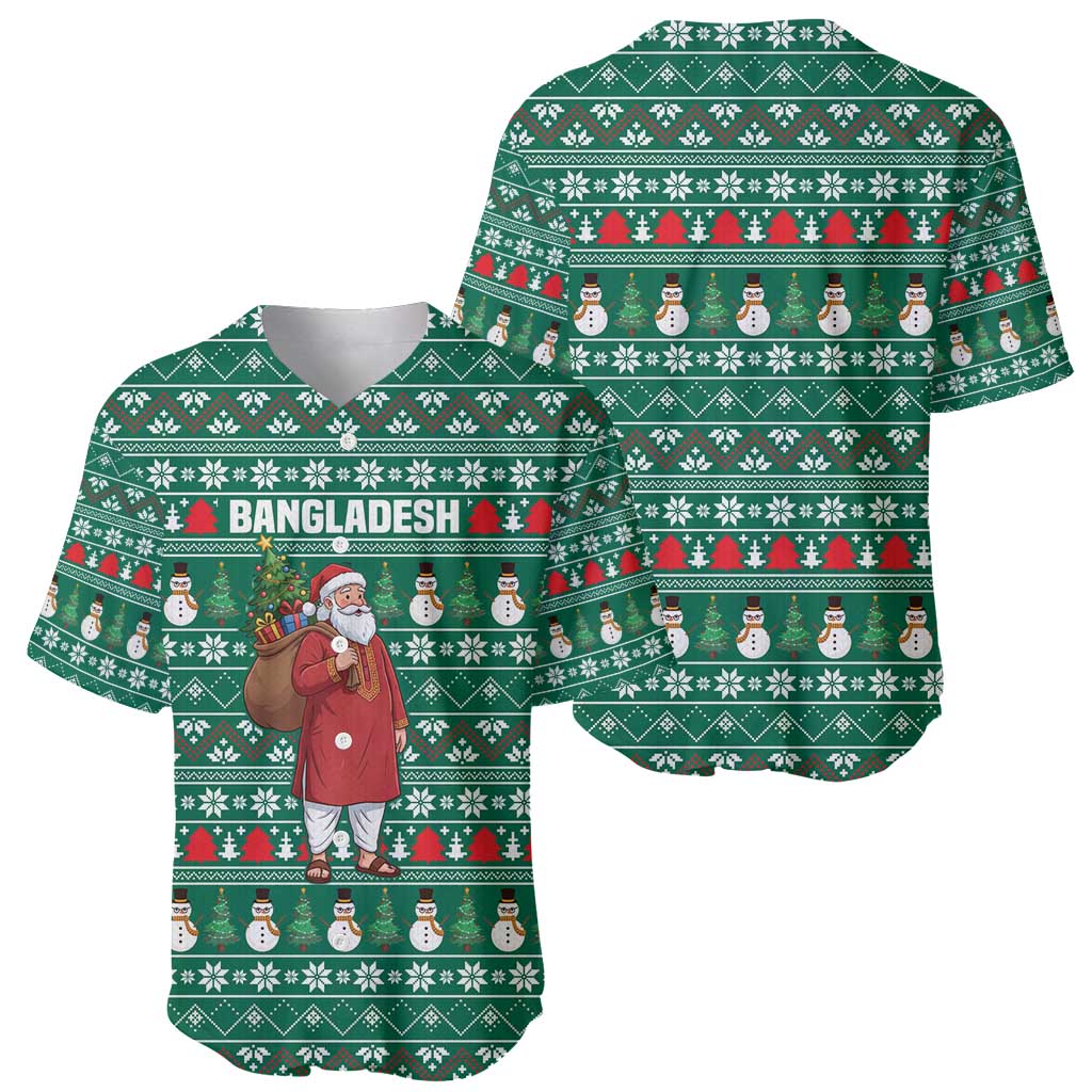 Bangladesh Christmas Baseball Jersey with Santa Claus in Traditional Outfit Snowman and Tree Pattern - Wonder Print Shop