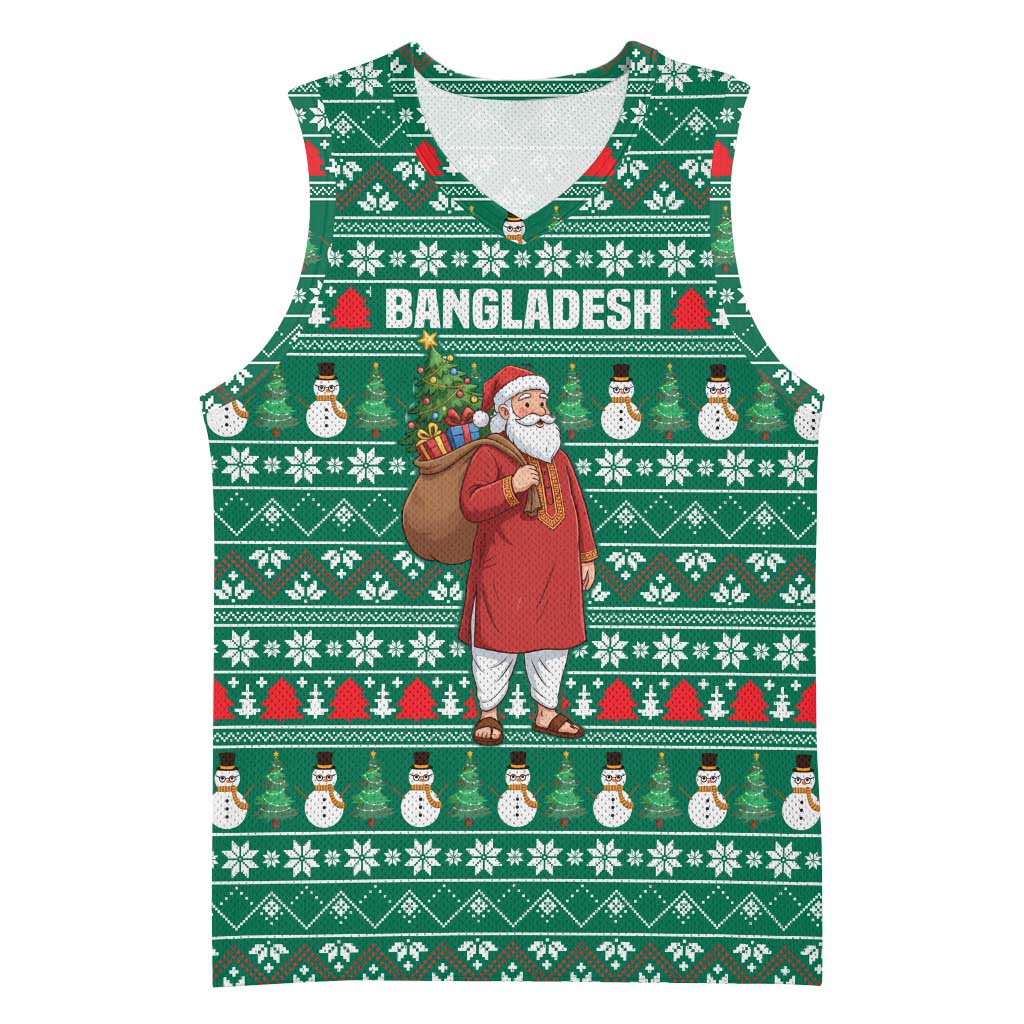 Bangladesh Christmas Basketball Jersey with Santa Claus in Traditional Outfit Snowman and Tree Pattern - Wonder Print Shop