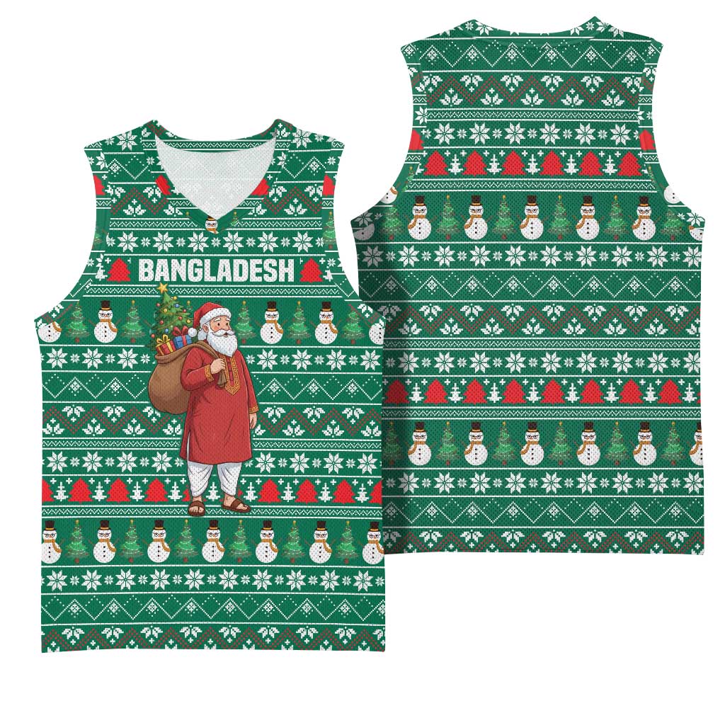 Bangladesh Christmas Basketball Jersey with Santa Claus in Traditional Outfit Snowman and Tree Pattern - Wonder Print Shop