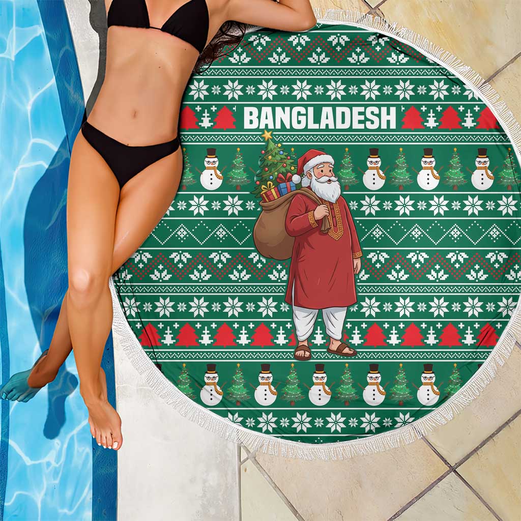Bangladesh Christmas Beach Blanket with Santa Claus in Traditional Outfit Snowman and Tree Pattern - Wonder Print Shop