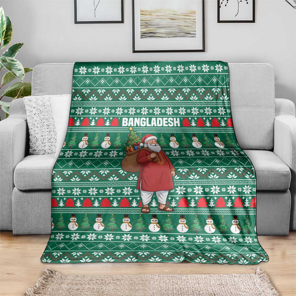 Bangladesh Christmas Blanket with Santa Claus in Traditional Outfit Snowman and Tree Pattern - Wonder Print Shop