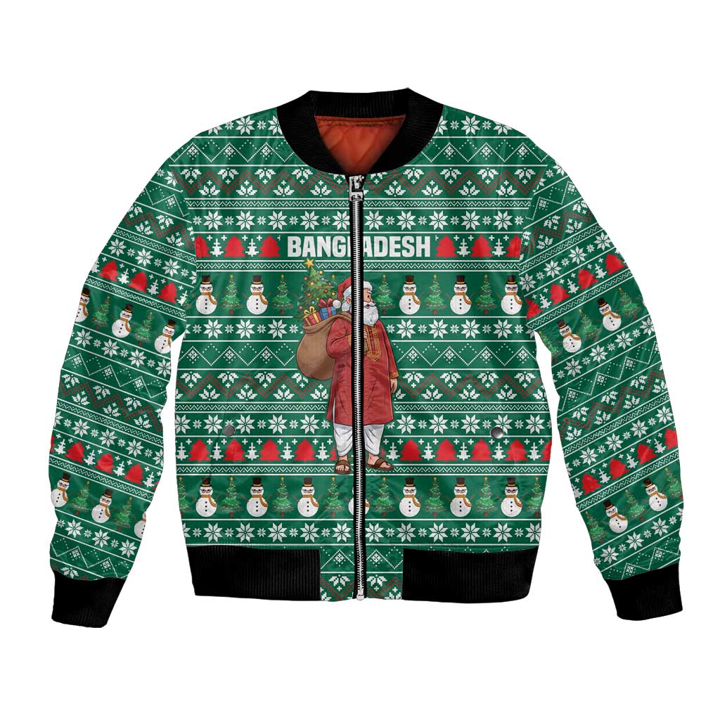 Bangladesh Christmas Bomber Jacket with Santa Claus in Traditional Outfit Snowman and Tree Pattern - Wonder Print Shop