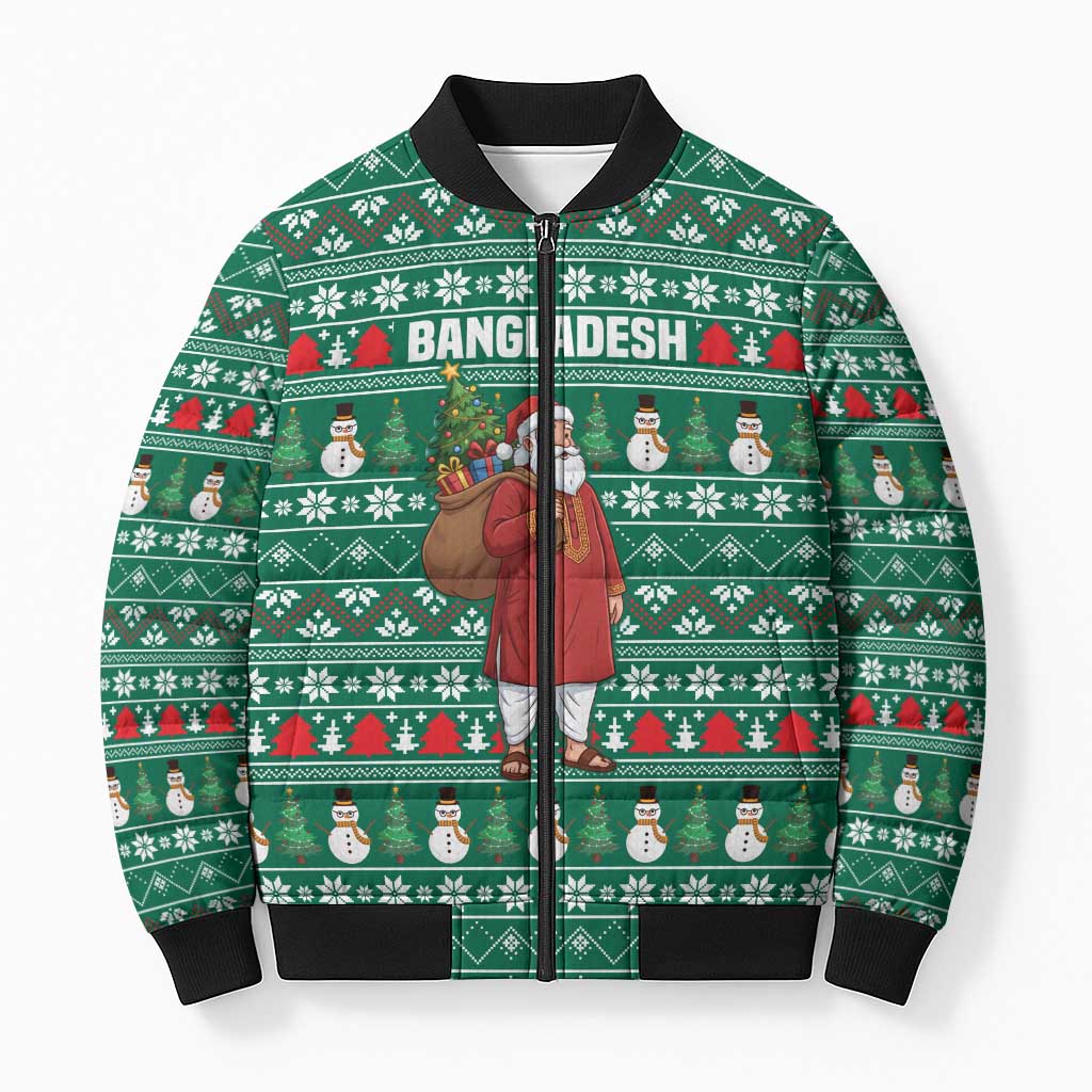 Bangladesh Christmas Bomber Puffer Jacket with Santa Claus in Traditional Outfit Snowman and Tree Pattern - Wonder Print Shop