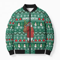 Bangladesh Christmas Bomber Puffer Jacket with Santa Claus in Traditional Outfit Snowman and Tree Pattern - Wonder Print Shop