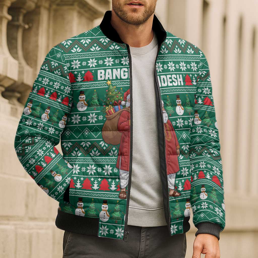 Bangladesh Christmas Bomber Puffer Jacket with Santa Claus in Traditional Outfit Snowman and Tree Pattern - Wonder Print Shop