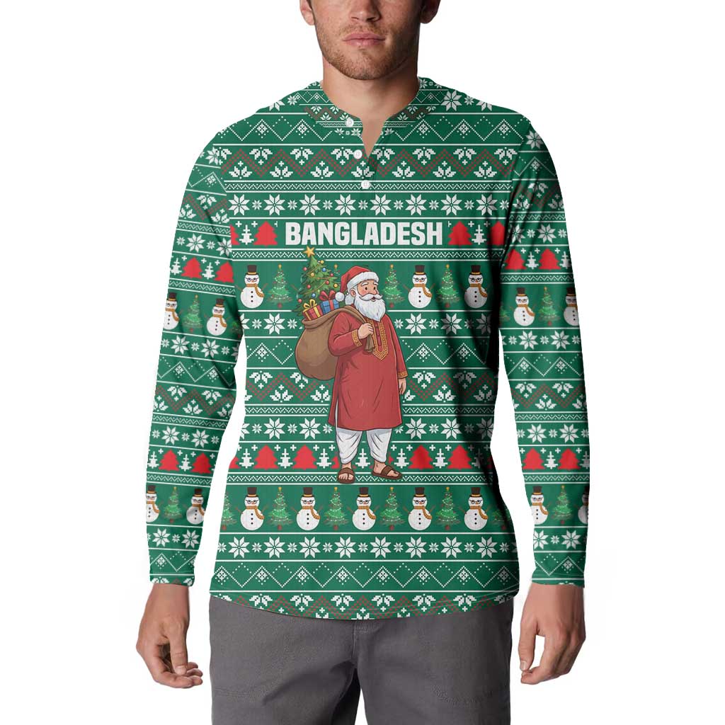 Bangladesh Christmas Button Sweatshirt with Santa Claus in Traditional Outfit Snowman and Tree Pattern - Wonder Print Shop