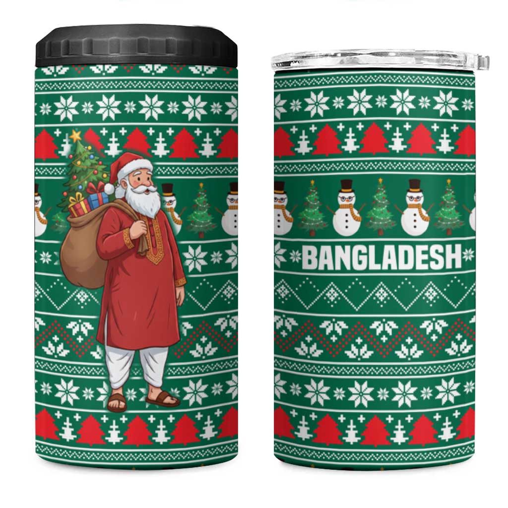 Bangladesh Christmas 4 in 1 Can Cooler Tumbler with Santa Claus in Traditional Outfit Snowman and Tree Pattern - Wonder Print Shop