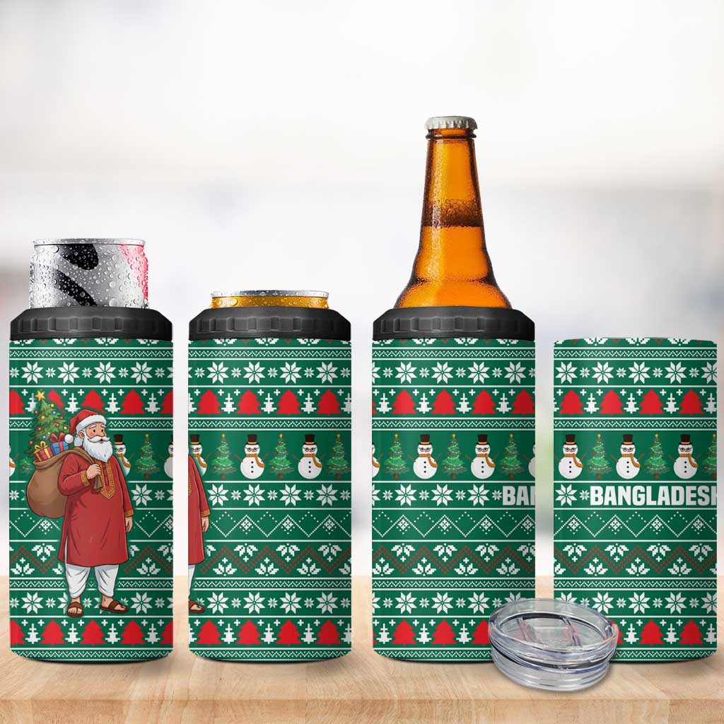 Bangladesh Christmas 4 in 1 Can Cooler Tumbler with Santa Claus in Traditional Outfit Snowman and Tree Pattern - Wonder Print Shop