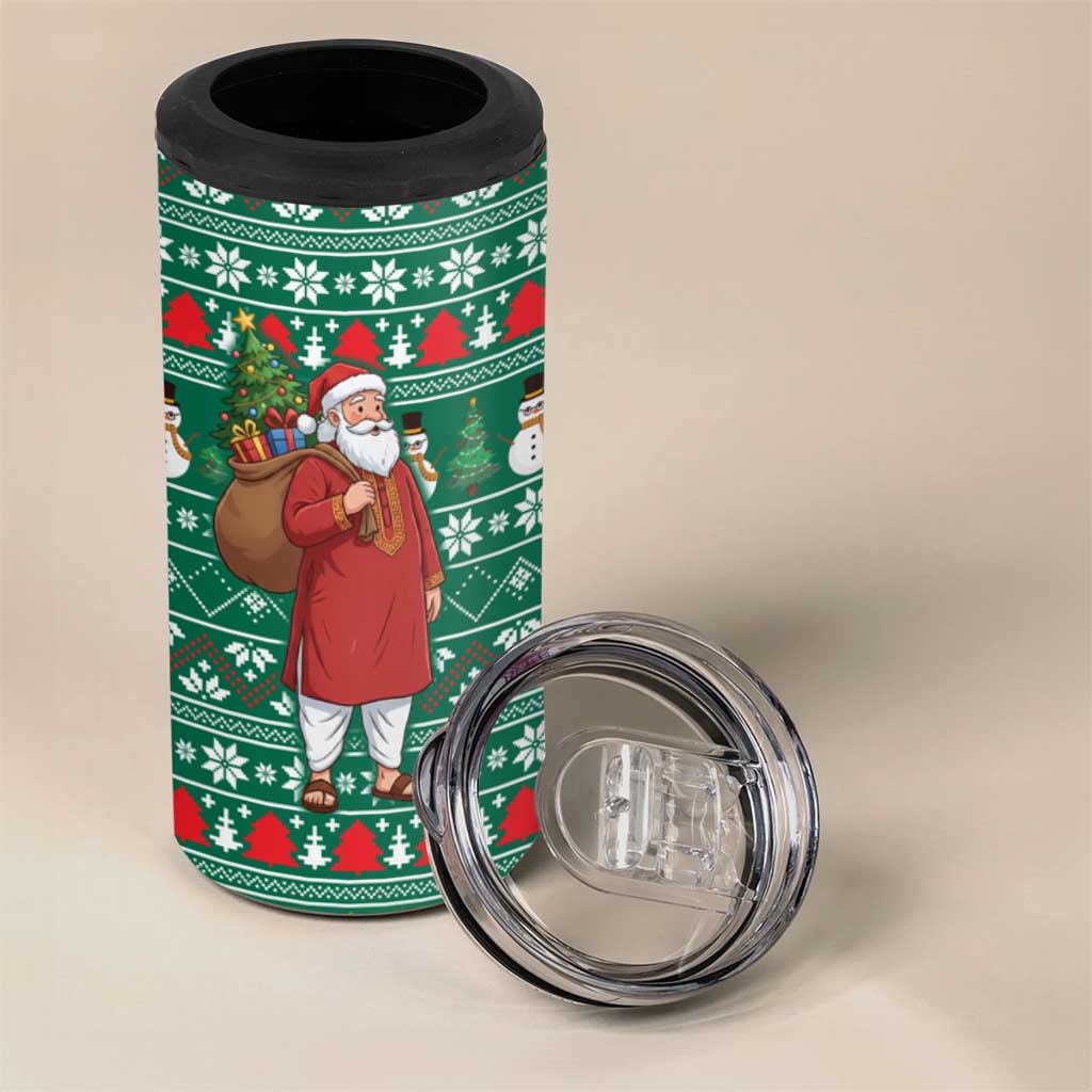 Bangladesh Christmas 4 in 1 Can Cooler Tumbler with Santa Claus in Traditional Outfit Snowman and Tree Pattern - Wonder Print Shop