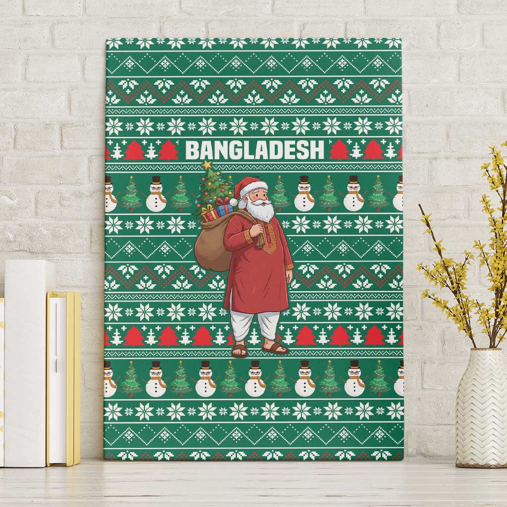 Bangladesh Christmas Canvas Wall Art with Santa Claus in Traditional Outfit Snowman and Tree Pattern - Wonder Print Shop