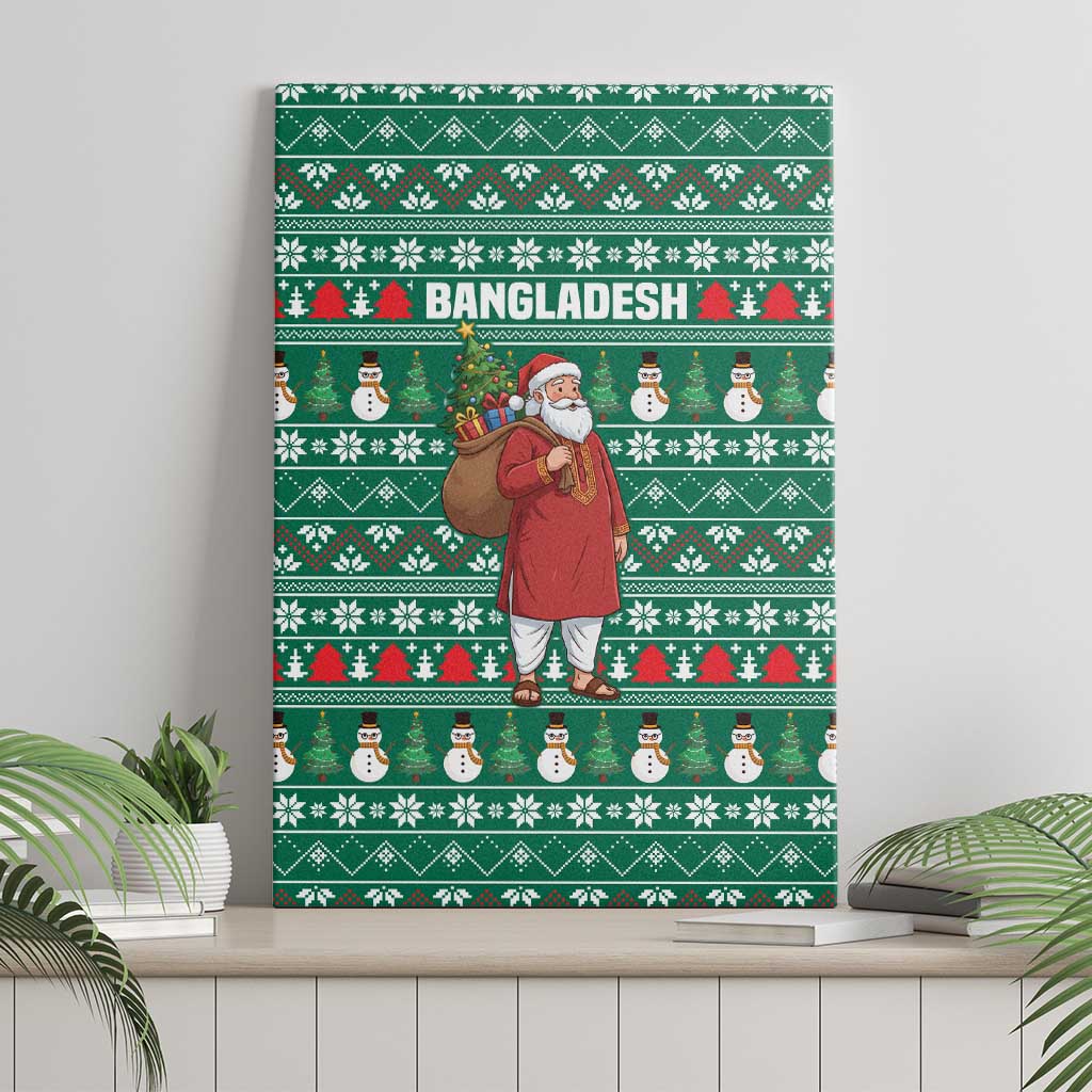 Bangladesh Christmas Canvas Wall Art with Santa Claus in Traditional Outfit Snowman and Tree Pattern - Wonder Print Shop