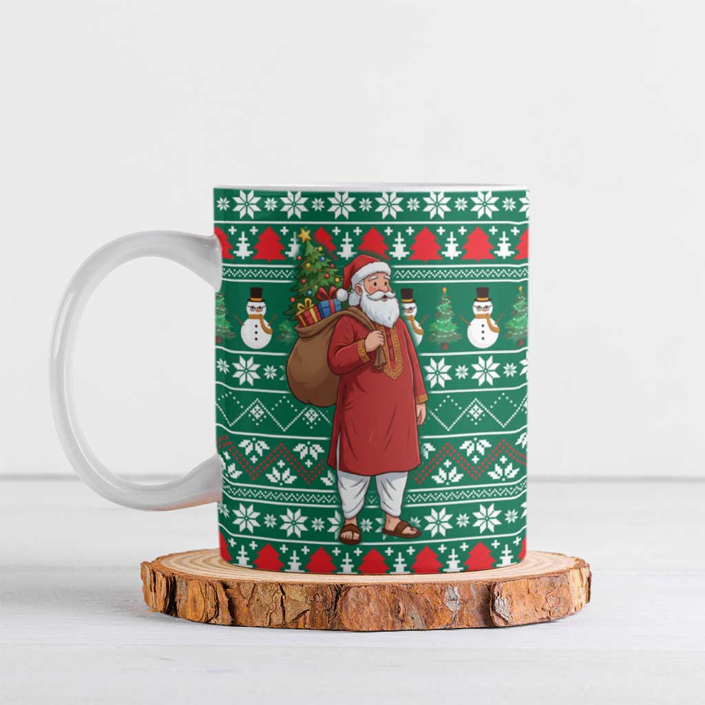Bangladesh Christmas Ceramic Mug with Santa Claus in Traditional Outfit Snowman and Tree Pattern - Wonder Print Shop