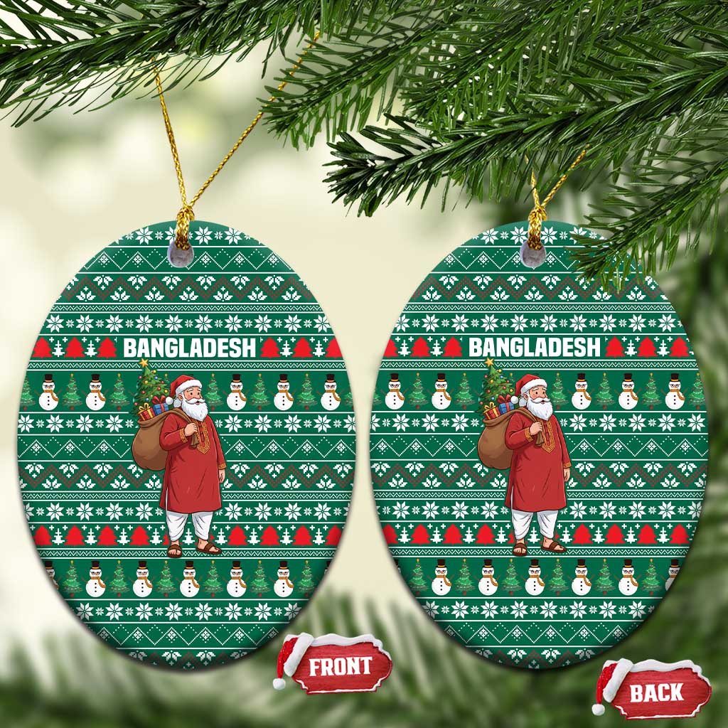 Bangladesh Christmas Ceramic Ornament with Santa Claus in Traditional Outfit Snowman and Tree Pattern - Wonder Print Shop