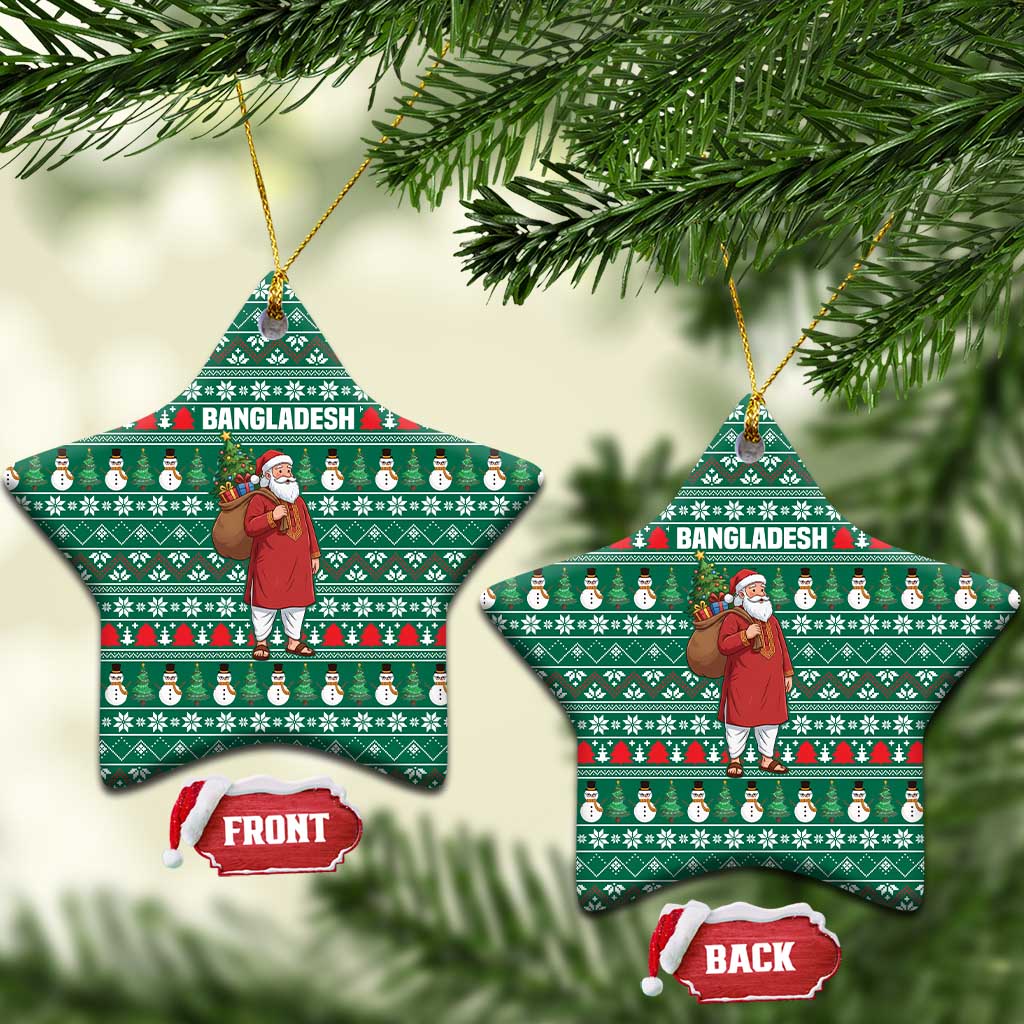 Bangladesh Christmas Ceramic Ornament with Santa Claus in Traditional Outfit Snowman and Tree Pattern - Wonder Print Shop