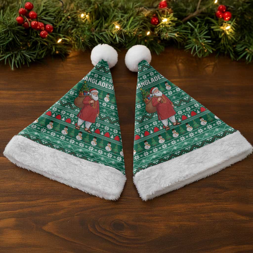 Bangladesh Christmas Santa Hat with Santa Claus in Traditional Outfit Snowman and Tree Pattern - Wonder Print Shop