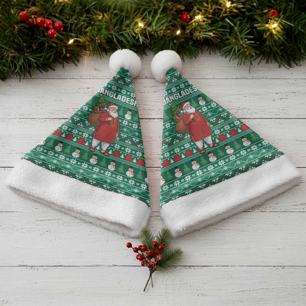 Bangladesh Christmas Santa Hat with Santa Claus in Traditional Outfit Snowman and Tree Pattern - Wonder Print Shop