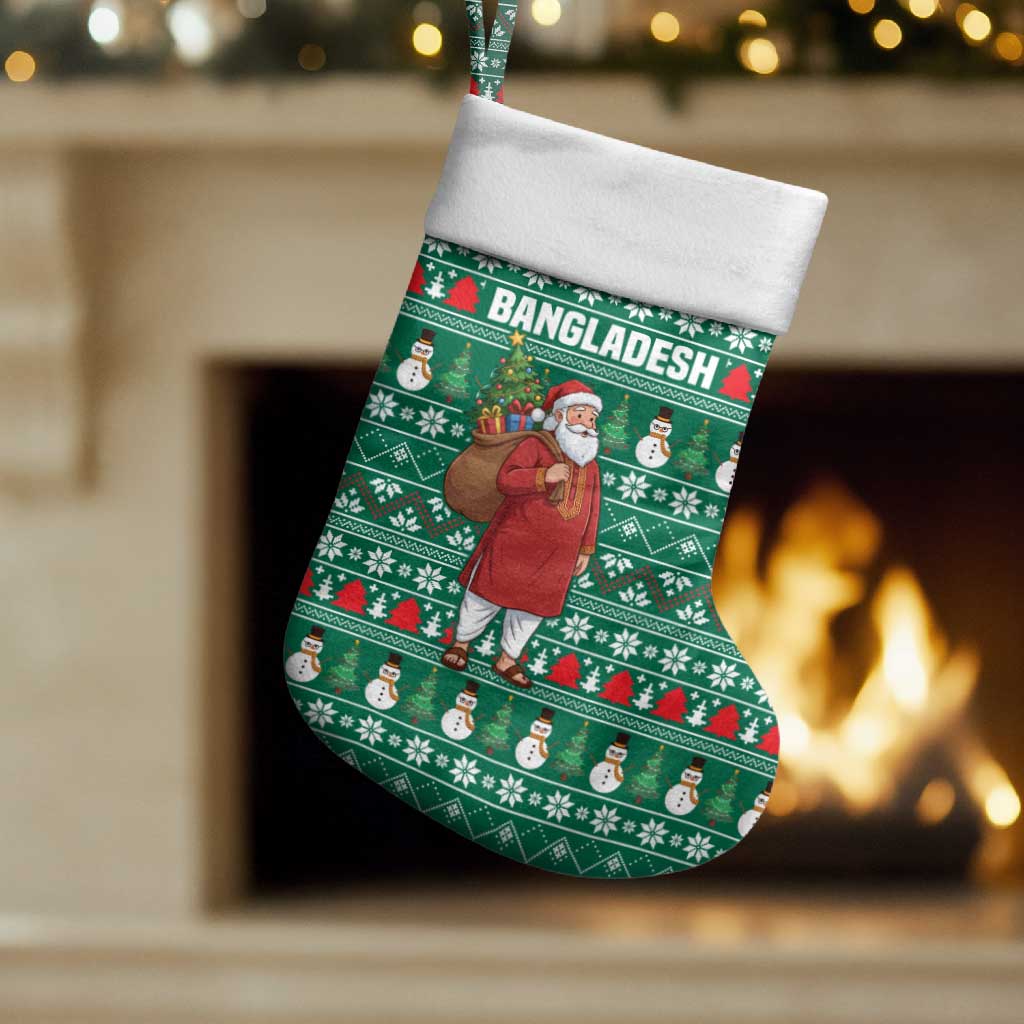 Bangladesh Christmas Stocking with Santa Claus in Traditional Outfit Snowman and Tree Pattern - Wonder Print Shop