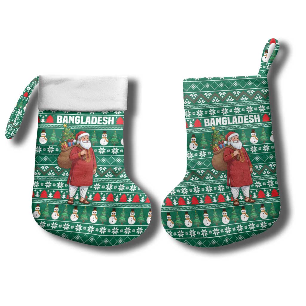Bangladesh Christmas Stocking with Santa Claus in Traditional Outfit Snowman and Tree Pattern - Wonder Print Shop