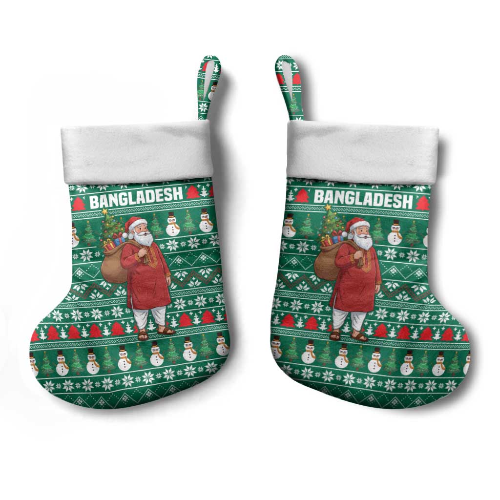 Bangladesh Christmas Stocking with Santa Claus in Traditional Outfit Snowman and Tree Pattern - Wonder Print Shop