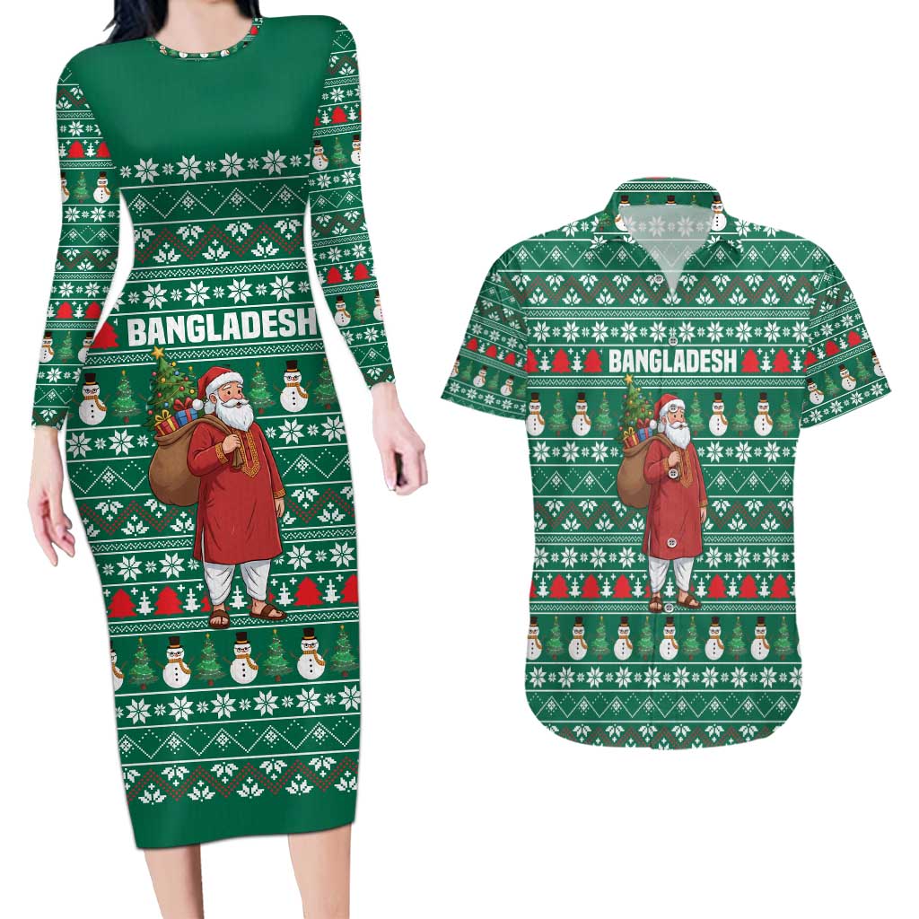 Bangladesh Christmas Couples Matching Long Sleeve Bodycon Dress and Hawaiian Shirt with Santa Claus in Traditional Outfit Snowman and Tree Pattern - Wonder Print Shop