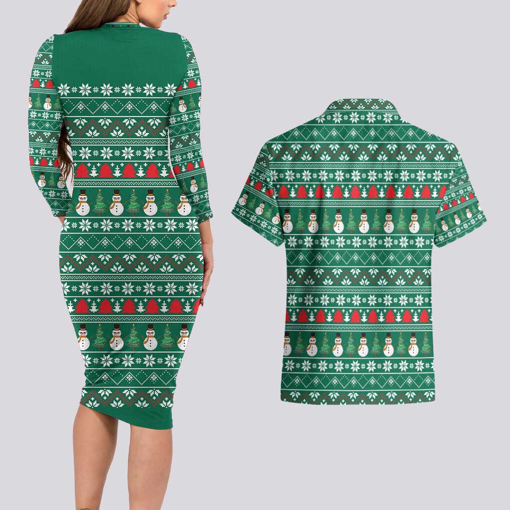 Bangladesh Christmas Couples Matching Long Sleeve Bodycon Dress and Hawaiian Shirt with Santa Claus in Traditional Outfit Snowman and Tree Pattern - Wonder Print Shop